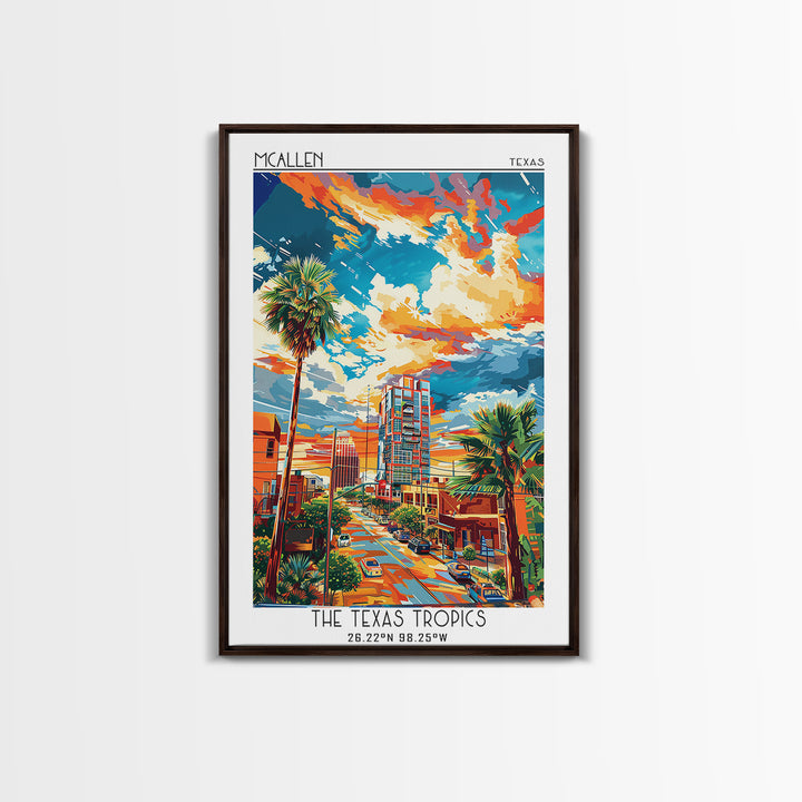 McAllen Travel Poster, Framed Canvas Print, Retro Wall Art, Travel Print, Home Decor, City Illustration, Art Print, Travel Art Print
