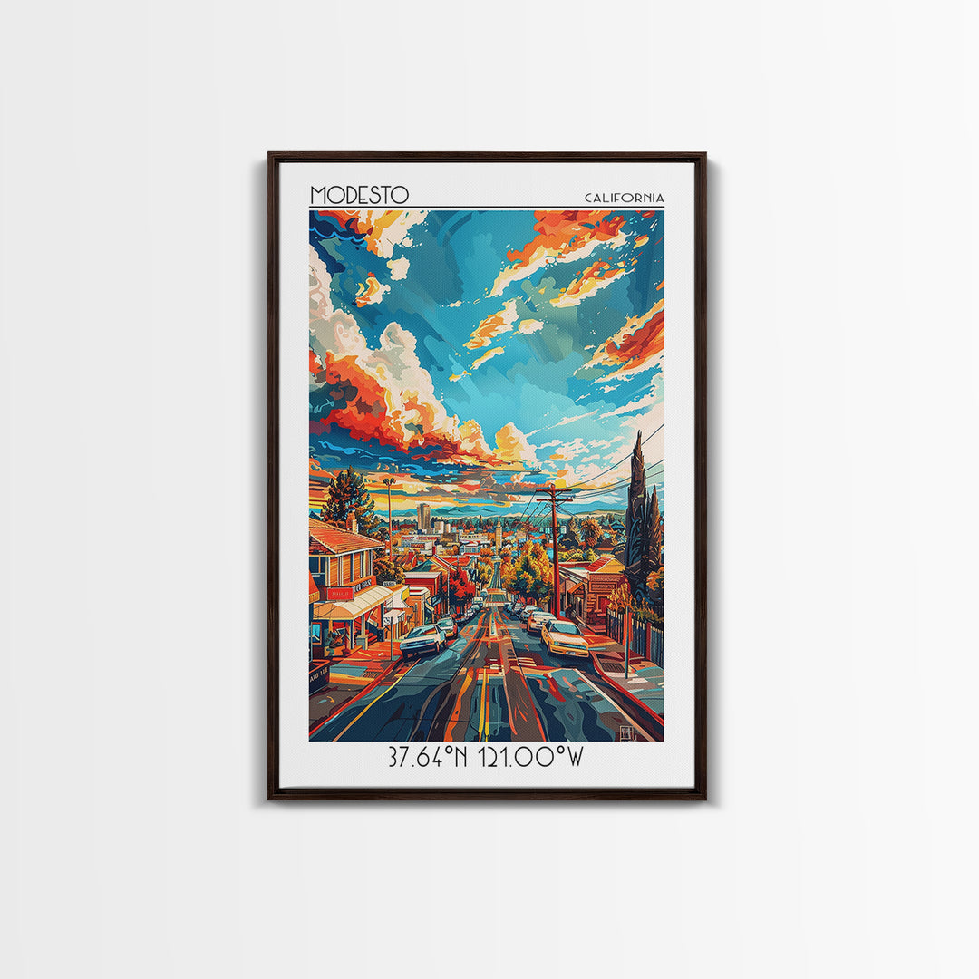 Modesto Travel Poster, Framed Canvas Print, Retro Wall Art, Travel Print, Vintage Travel, Travel Wall Art, Poster Art, City Wall Art