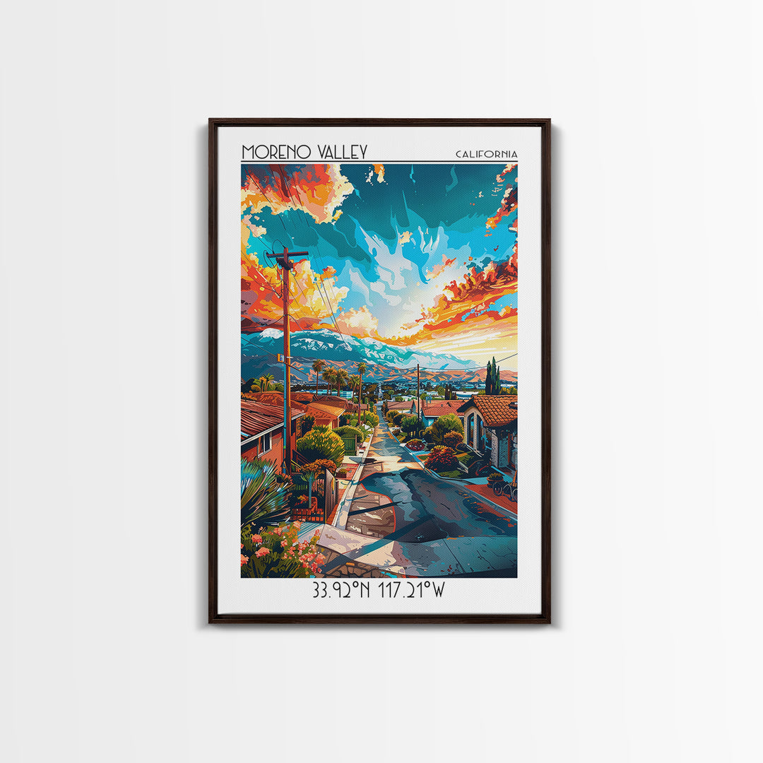 Moreno Valley Travel Poster, Framed Canvas Print, Poster Print, Travel Wall Art, Travel Posters, Mid Century Wall Art, City Wall Art