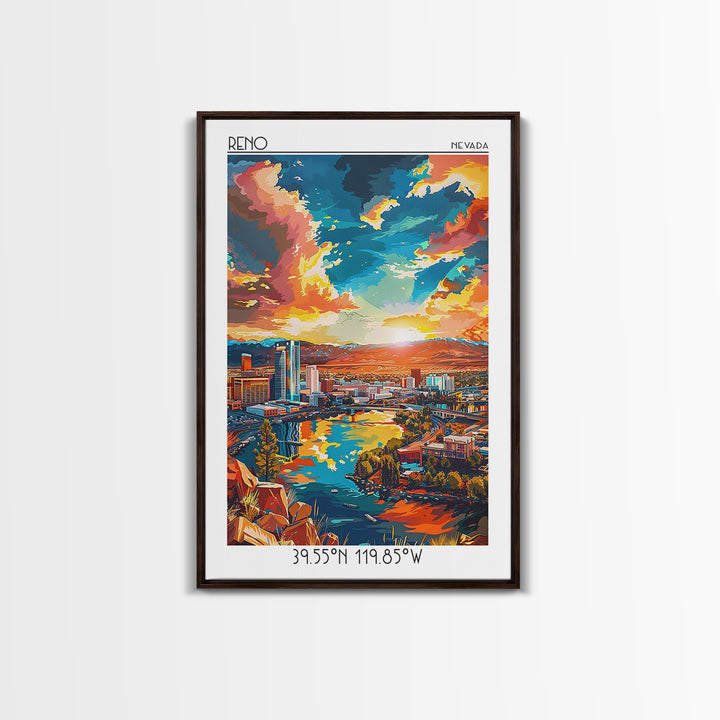 Reno Travel Poster, Framed Canvas Print, City Travel Poster, Travel Wall Art, City Illustration, Vintage City Poster, Retro Wall Art