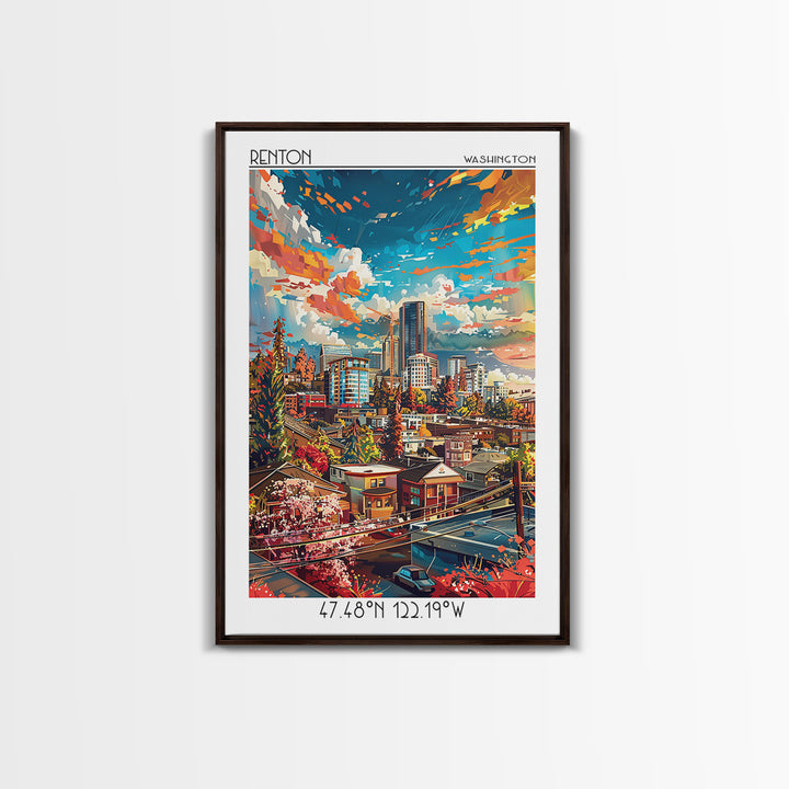 Renton Travel Poster, Canvas Print, Poster Print, Travel Wall Art, Wanderlust Gift, City Illustration, Vintage Poster, Travel Prints