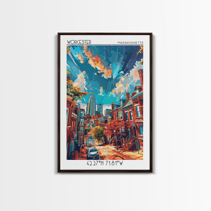 Worcester Travel Poster, Framed Canvas Print, Travel Wall Art, City Wall Art, Vintage Poster, City Illustration, Vintage City Poster