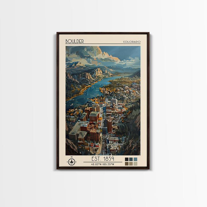 Boulder Travel Poster, Framed Canvas Print, City Travel Poster, Travel Wall Art, Colorful Wall Art, City Illustration, Landscape Art