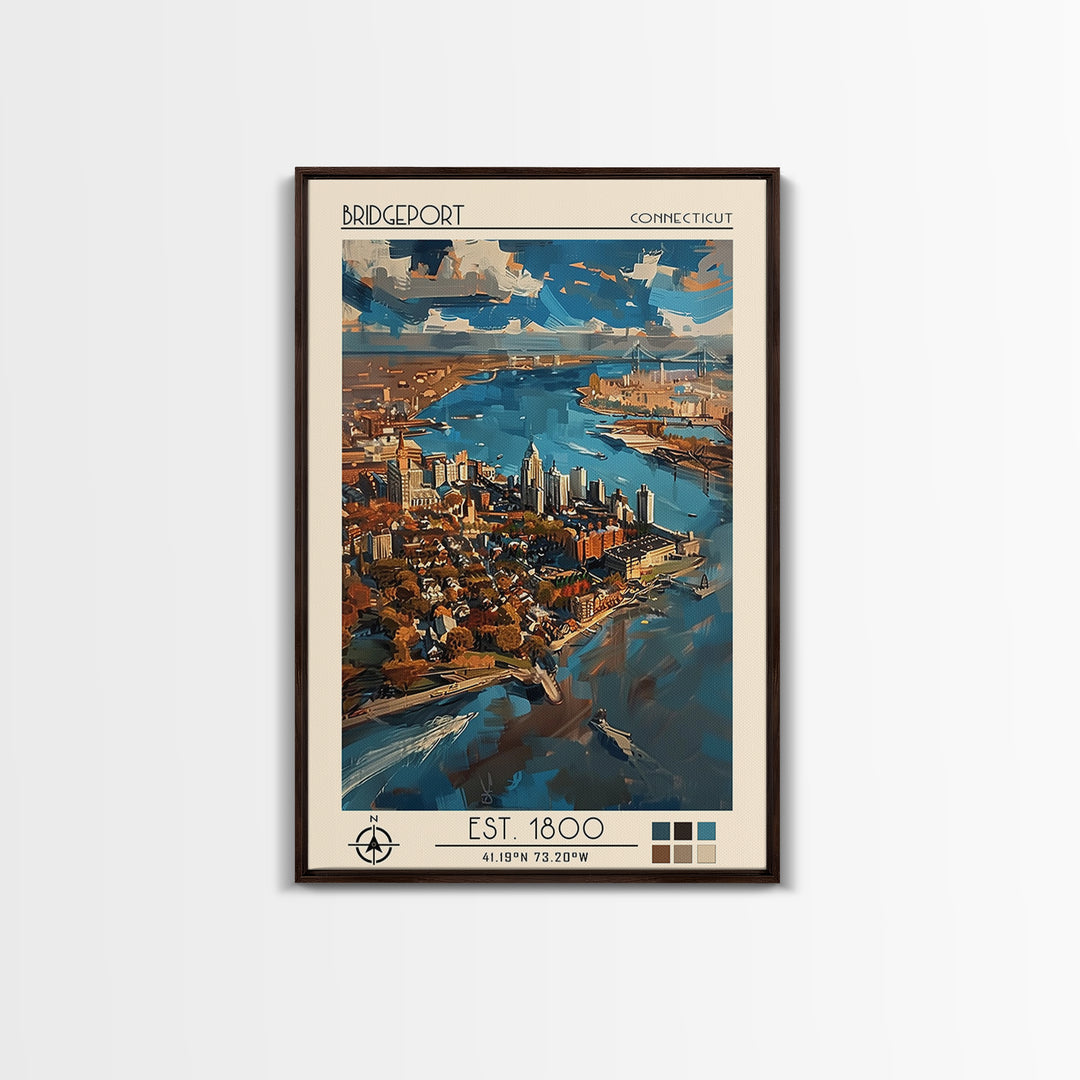 Bridgeport Travel Poster, Canvas Print, Retro Travel Poster, City Wall Art, Travel Wall Art, Colorful Wall Art, Watercolor Cityscape