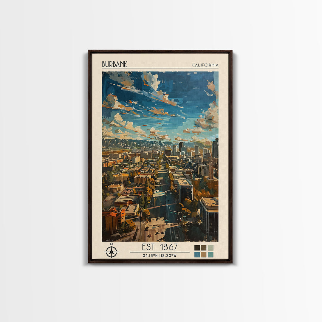 Burbank Travel Poster, Canvas Print, City Travel Poster, Travel Wall Decor, Living Room Wall Art, Travel Wall Art, Colorful Wall Art