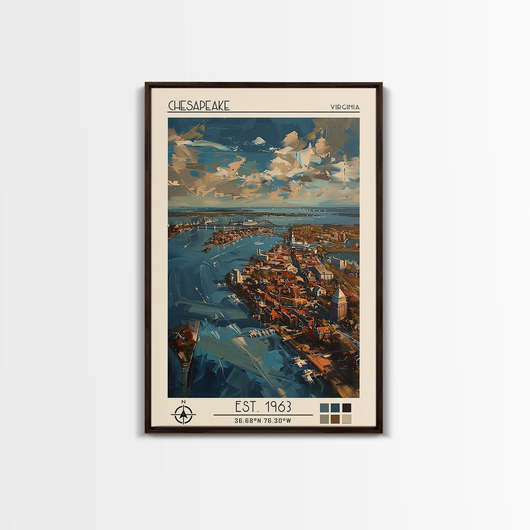 Chesapeake Travel Poster, Framed Canvas Print, Retro Wall Art, Travel Print, Watercolor Cityscape, Travel Posters, Minimalist Poster