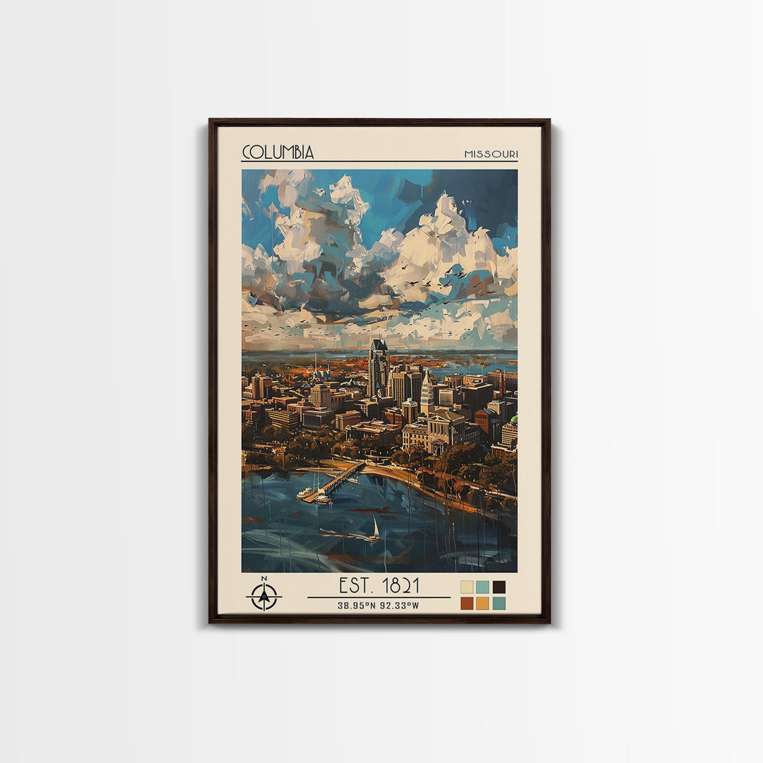 Columbia South Carolina Travel Poster, Framed Canvas Print, Travel Art Print, Modern Wall Decor, Living Room Wall Art, City Wall Art