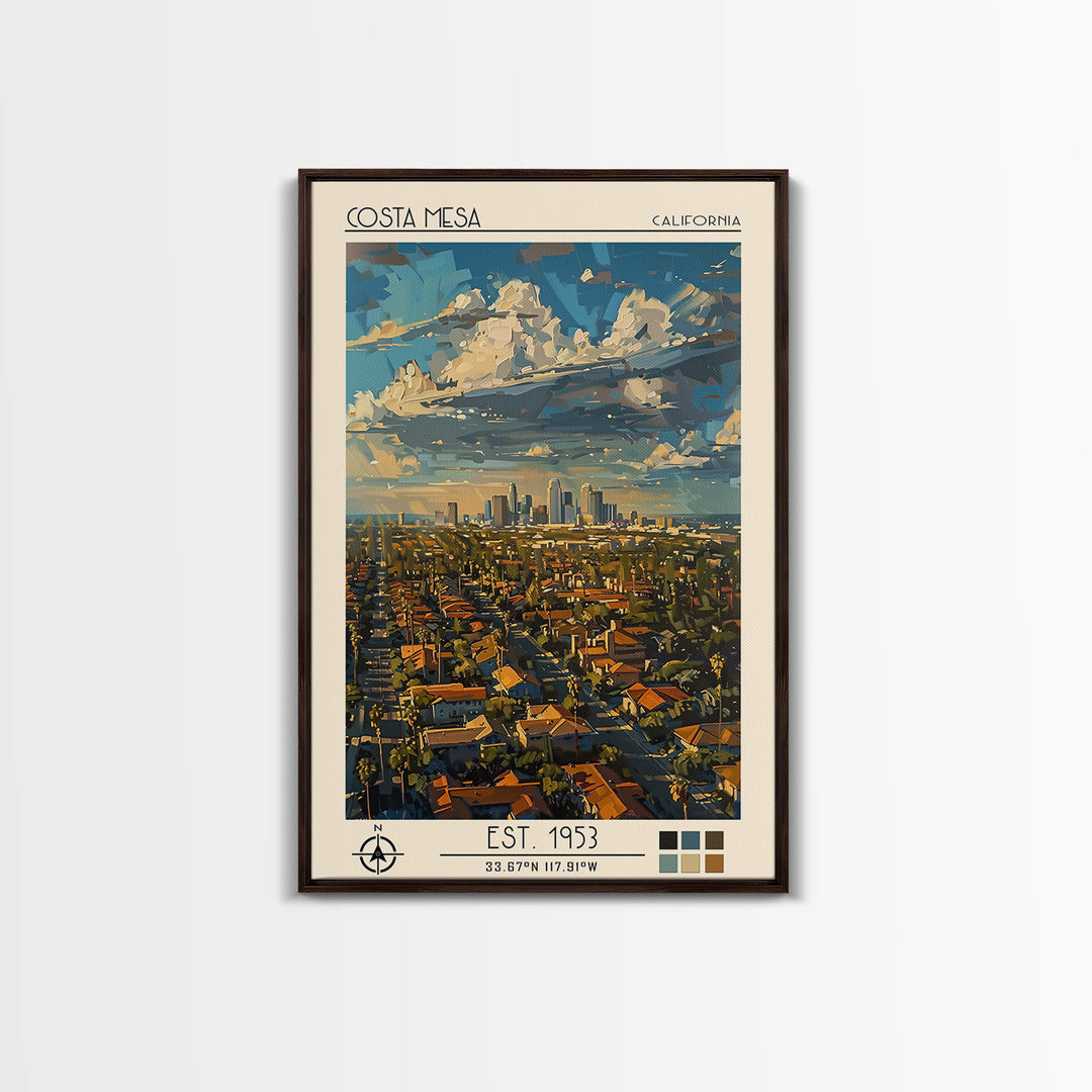 Costa Mesa Travel Poster, Framed Canvas Print, Travel Prints, Landscape Art, Travel Wall Decor, Fine Art Print, Living Room Wall Art