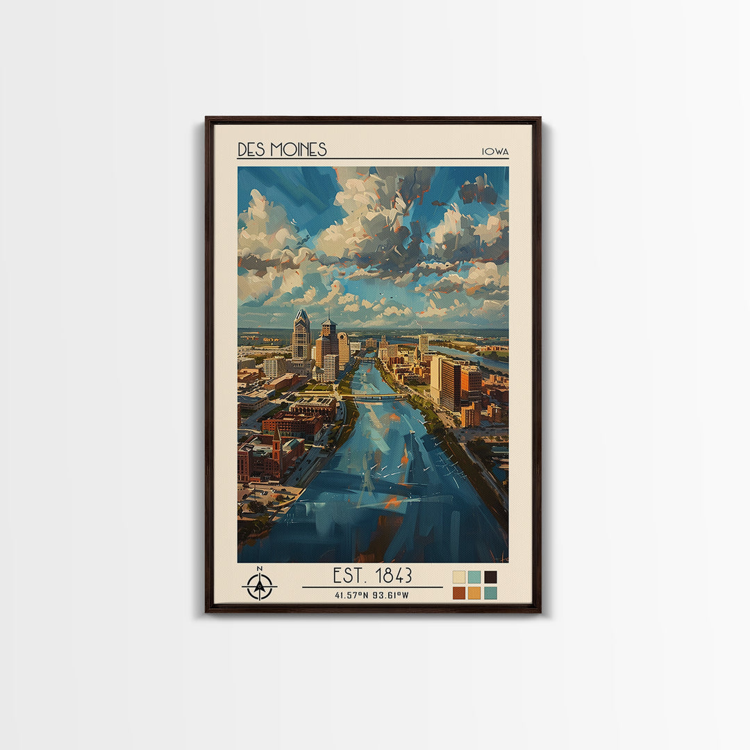 Des Moines Travel Poster, Framed Canvas Print, Retro Wall Art, Travel Print, Travel Art Print, Travel Wall Decor, City Travel Poster