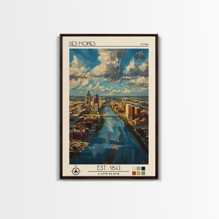 Des Moines Travel Poster, Framed Canvas Print, Retro Wall Art, Travel Print, Travel Art Print, Travel Wall Decor, City Travel Poster