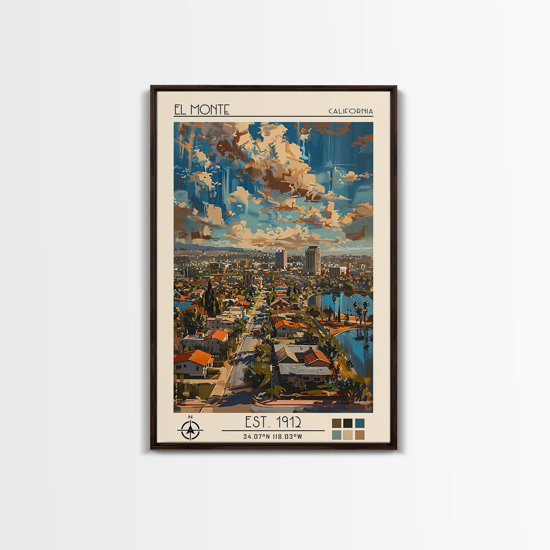 El Monte Travel Poster, Framed Canvas Print, Retro Wall Art, Travel Print, Modern Wall Decor, Watercolor Cityscape, Travel Art Print