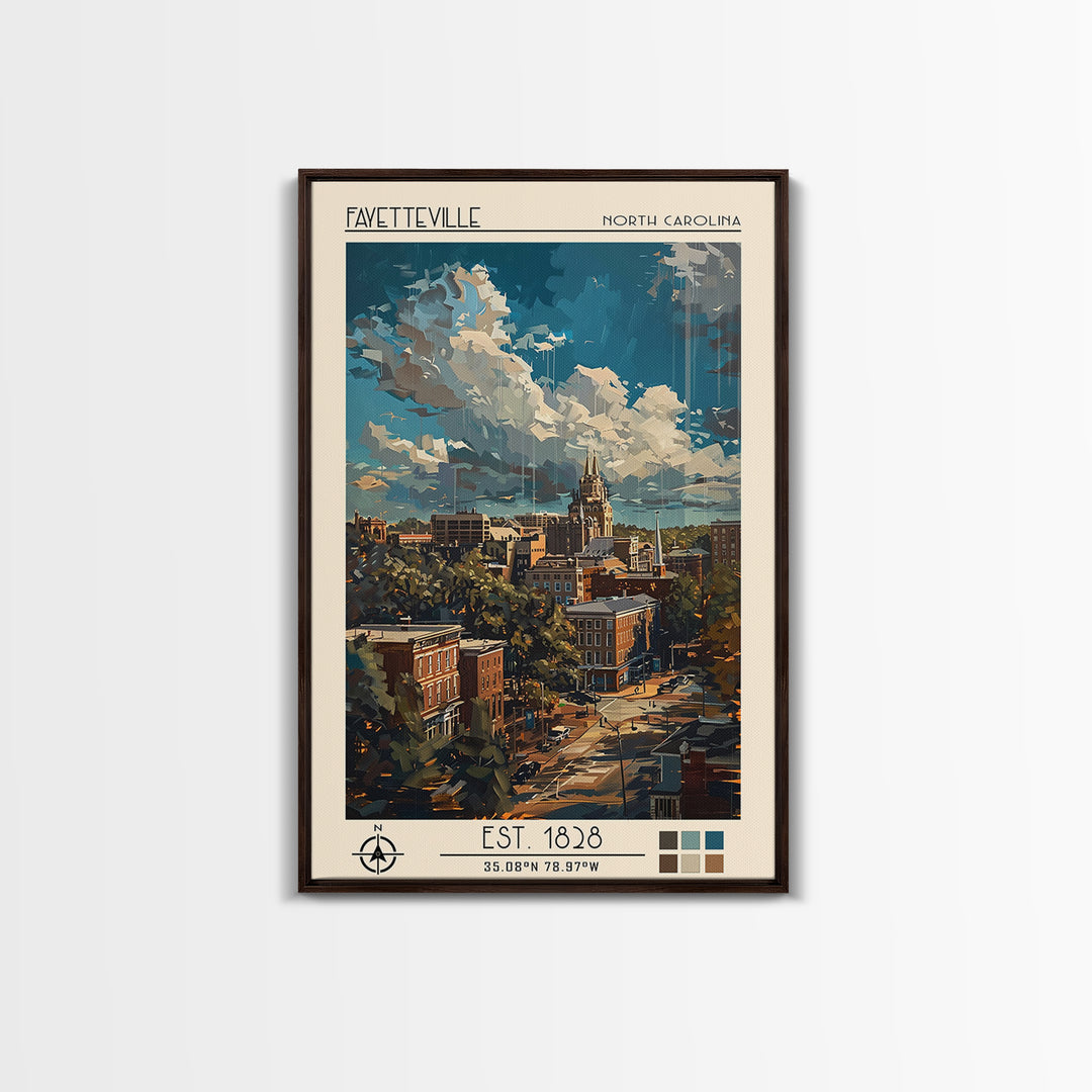 Fayetteville Travel Poster, Framed Canvas Print, Travel Wall Art, City Wall Art, Vintage Posters, Retro Wall Art, Vintage Travel Art