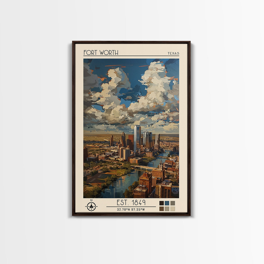Fort Worth Travel Poster, Framed Canvas Print, Travel Prints, Landscape Art, City Art Print, Vintage Travel Art, Vintage City Poster