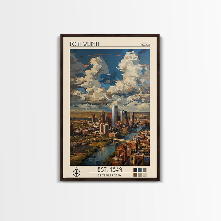 Fort Worth Travel Poster, Framed Canvas Print, Travel Prints, Landscape Art, City Art Print, Vintage Travel Art, Vintage City Poster