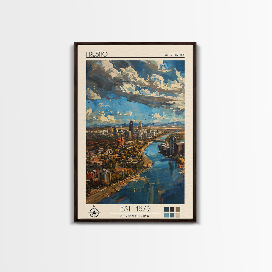 Fresno Travel Poster, Framed Canvas Print, Travel Art Print, Modern Wall Decor, Watercolor Cityscape, Fine Art Print, Retro Wall Art