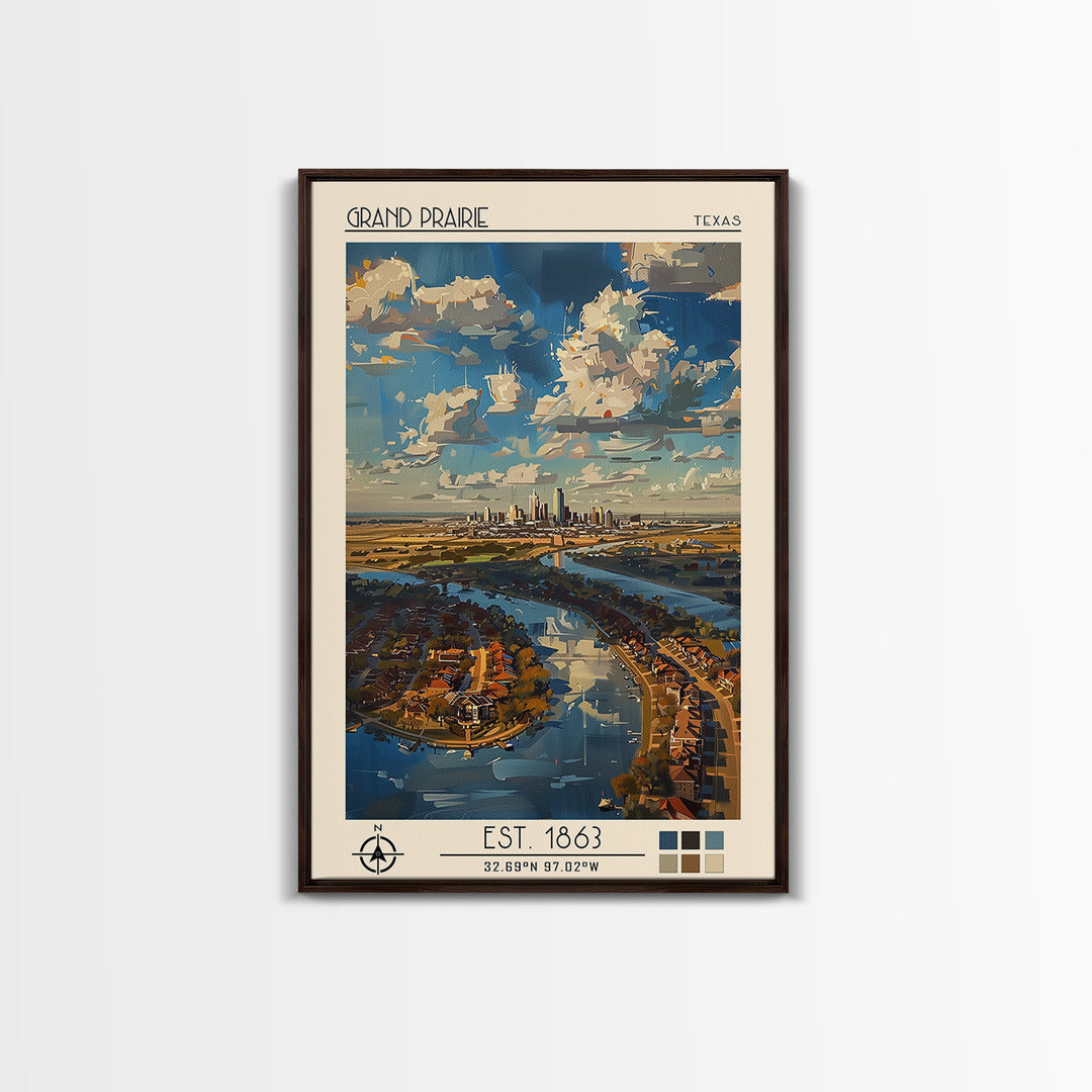 Grand Prairie Travel Poster, Framed Canvas Print, Travel Wall Art, City Wall Art, Retro Travel Print, Travel Prints, Vintage Posters