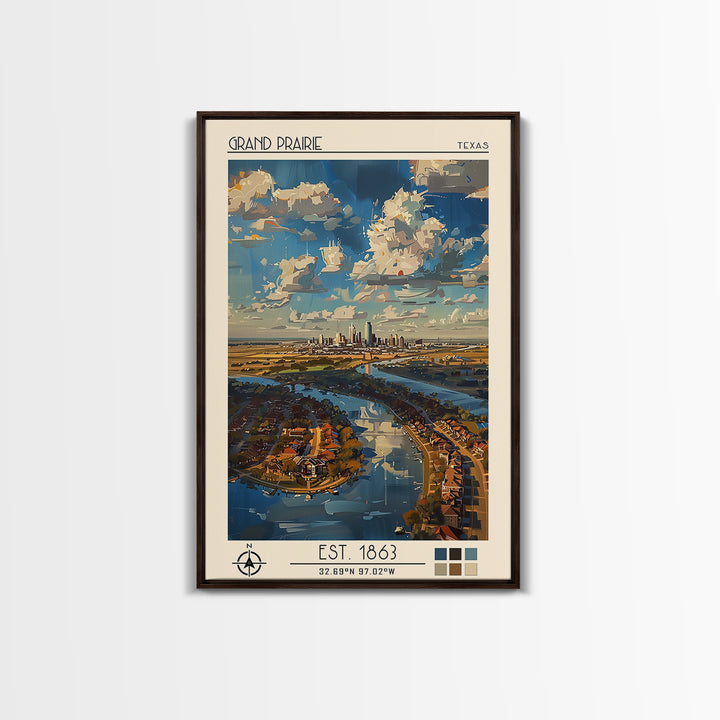 Grand Prairie Travel Poster, Framed Canvas Print, Travel Wall Art, City Wall Art, Retro Travel Print, Travel Prints, Vintage Posters