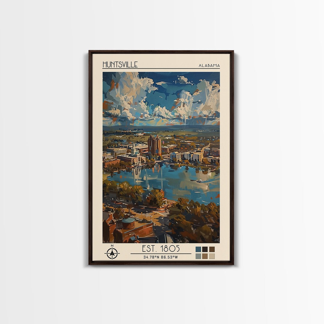 Huntsville Travel Poster, Framed Canvas Print, City Art Print, Travel Wall Art, Vintage Travel Art, Travel Prints, City Illustration