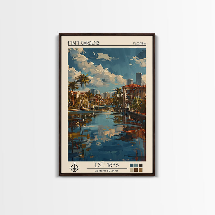 Miami Gardens Travel Poster, Framed Canvas Print, Travel Wall Art, City Wall Art, Travel Prints, Travel Art Print, Colorful Wall Art