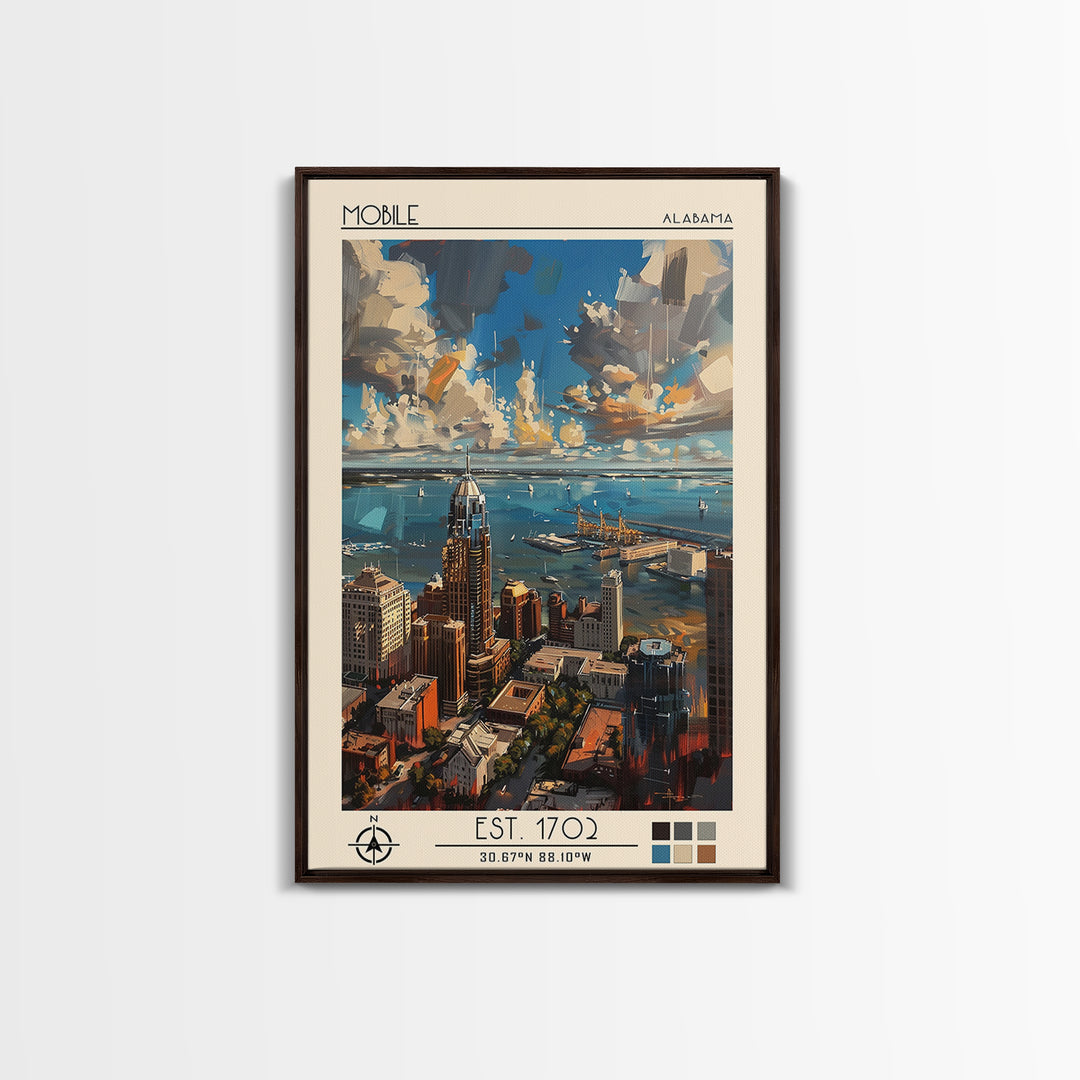 Mobile Travel Poster, Framed Canvas Print, Retro Wall Art, Travel Print, Travel Prints, Wall Art, Travel Wall Art, City Illustration
