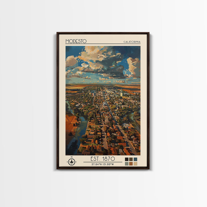 Modesto Travel Poster, Framed Canvas Print, Retro Wall Art, Travel Print, Minimalist Poster, Modern Wall Decor, Living Room Wall Art