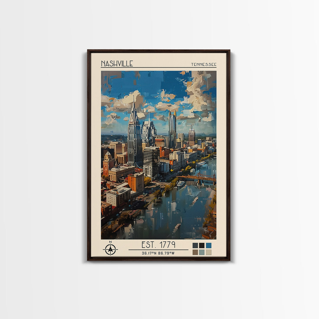 Nashville Travel Poster, Framed Canvas Print, Retro Wall Art, Travel Print, Retro Travel Print, Modern Wall Decor, Colorful Wall Art