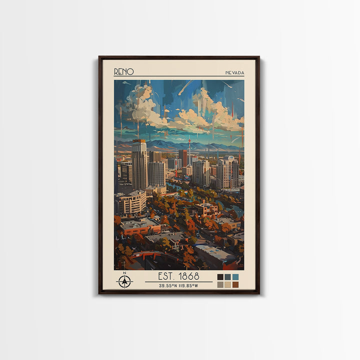 Reno Travel Poster, Framed Canvas Print, Travel Prints, Landscape Art, Home Decor, Fine Art Print, Travel Wall Decor, City Art Print
