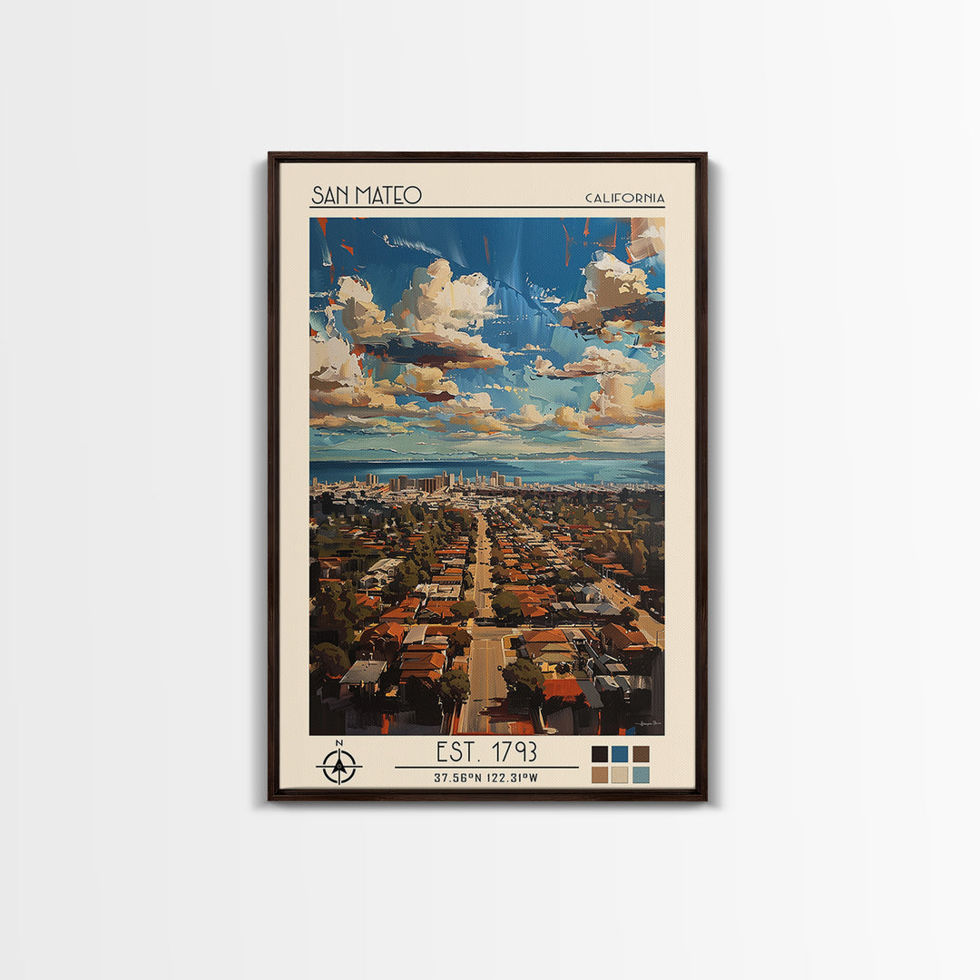 San Mateo Travel Poster, Framed Canvas Print, City Travel Poster, Travel Wall Decor, Home Decor, City Wall Art, Living Room Wall Art