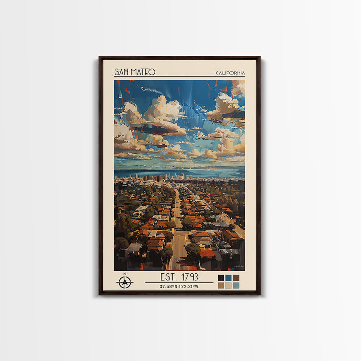 San Mateo Travel Poster, Framed Canvas Print, City Travel Poster, Travel Wall Decor, Home Decor, City Wall Art, Living Room Wall Art