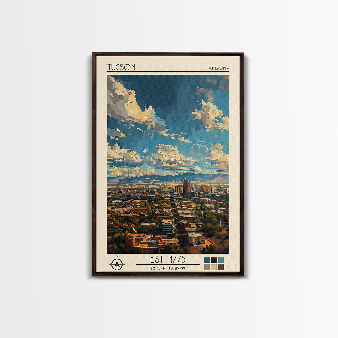 Tucson Travel Poster, Framed Canvas Print, Travel Prints, Landscape Art, Art Print, Retro Wall Art, City Illustration, City Wall Art