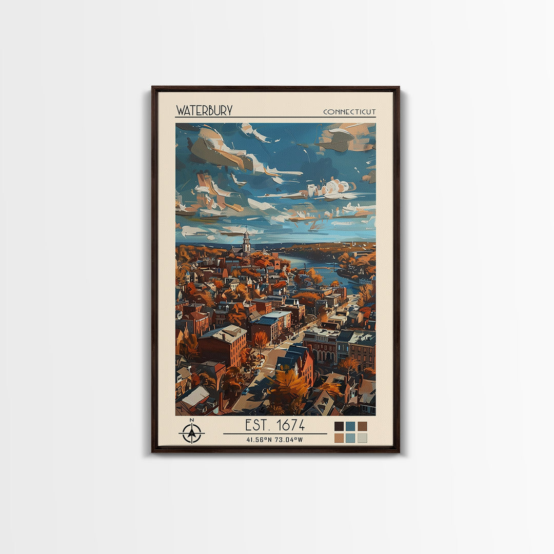 Waterbury Travel Poster, Framed Canvas Print, Travel Prints, Landscape Art, Vintage Travel, City Wall Art, Wall Art, Travel Wall Art