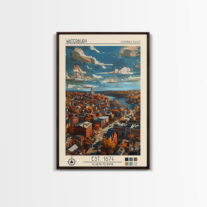 Waterbury Travel Poster, Framed Canvas Print, Travel Prints, Landscape Art, Vintage Travel, City Wall Art, Wall Art, Travel Wall Art