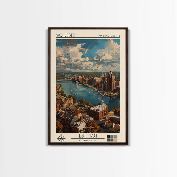 Worcester Travel Poster, Framed Canvas Print, Vintage Travel Print, City Wall Art, Retro Travel Poster, Poster Print, Fine Art Print