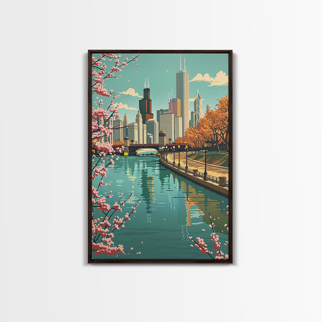 Chicago Travel Poster, Framed Canvas Print, City Art Print, Travel Wall Art, Travel Posters, Vintage Poster, Travel Prints, Wall Art