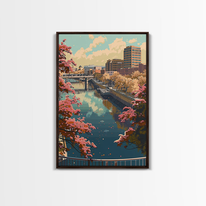 Grand Rapids Travel Poster, Framed Canvas Print, Travel Prints, Landscape Art, City Travel Poster, City Illustration, Vintage Travel