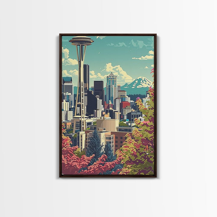 Seattle Travel Poster, Framed Canvas Print, Retro Travel Poster, City Wall Art, City Art Print, Mid Century Wall Art, Vintage Travel