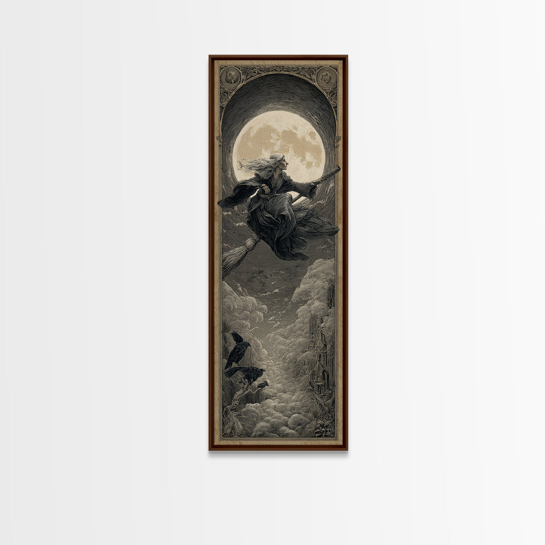 The Moonlit Witch, Gothic Engraving Art, Tall Narrow Wall Art, Dark Halloween Decor, Canvas Print, Halloween Wall Art
