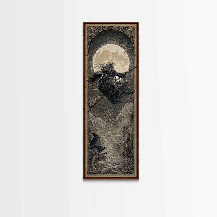The Moonlit Witch, Gothic Engraving Art, Tall Narrow Wall Art, Dark Halloween Decor, Canvas Print, Halloween Wall Art