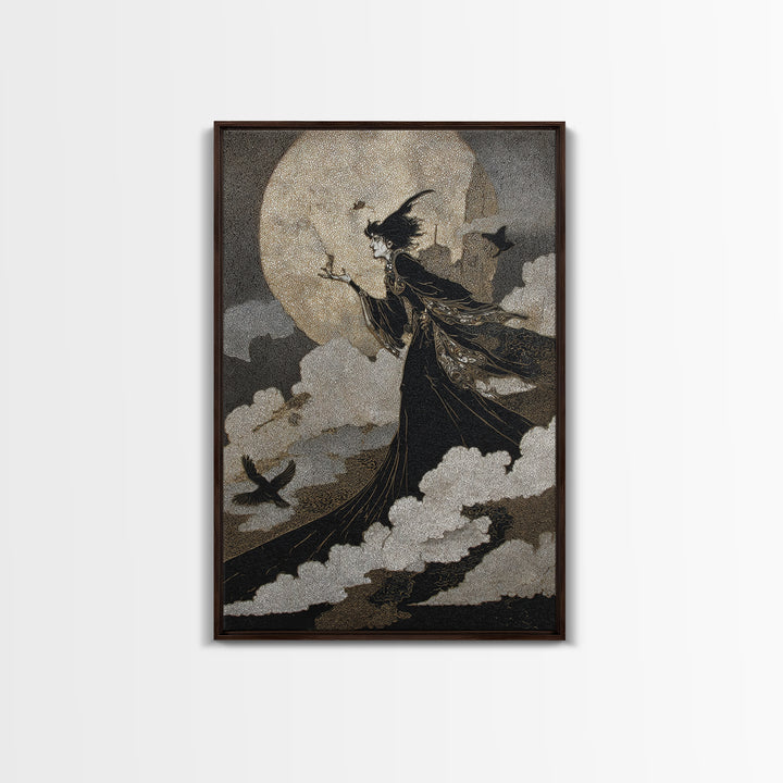The Moonlit Witch, Stained Glass Gothic Art, Vertical Wall Art, Dark Fantasy Wall Art, Framed Canvas Print, Halloween Wall Art