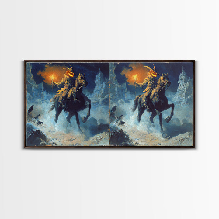 The Headless Horseman, Apocalyptic Romantic Art, Wide Panoramic Art, Gothic Horror Wall Art, Framed Canvas Print, Halloween Wall Art