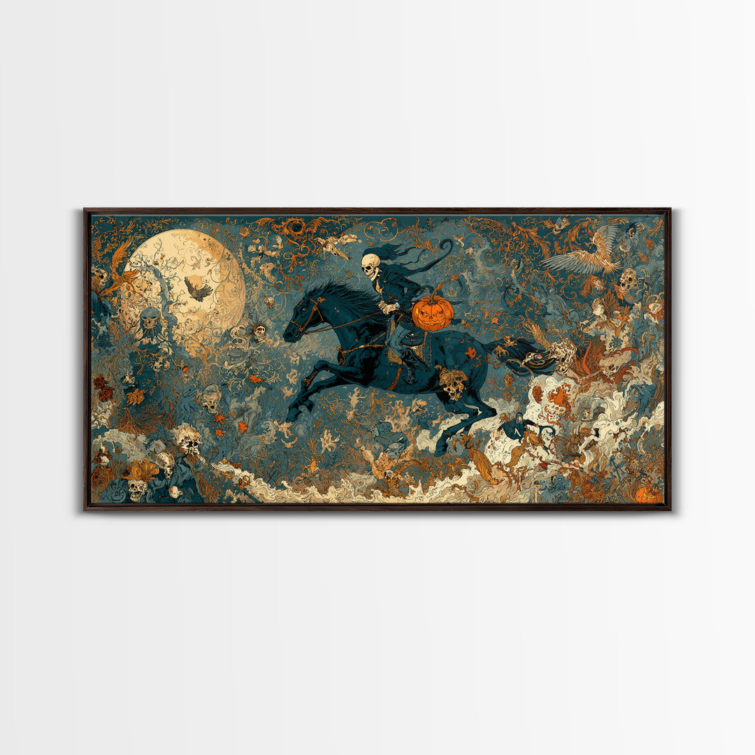 The Headless Horseman, Grotesque Carnival Art, Wide Panoramic Art, Dark Halloween Decor, Canvas Print, Halloween Wall Art