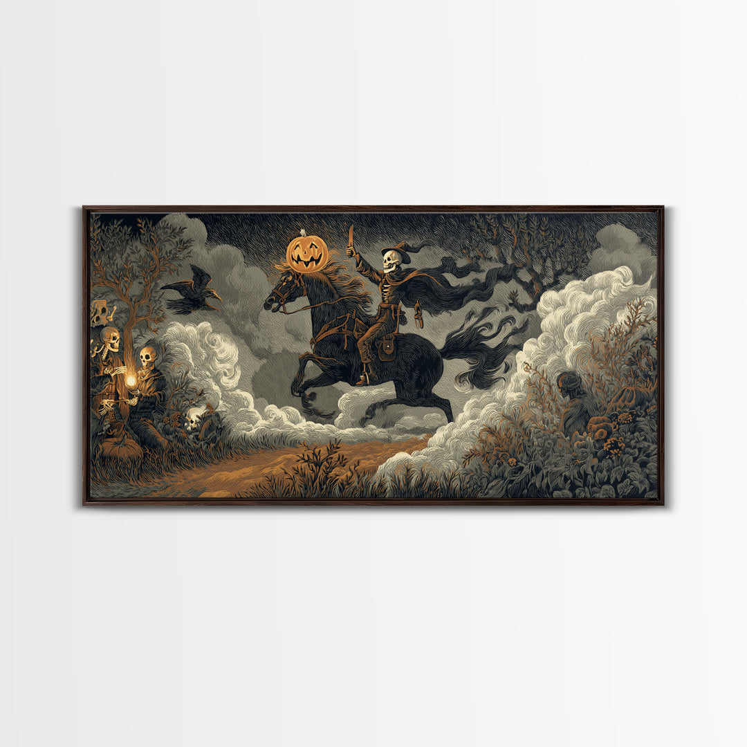 The Headless Horseman, Macabre Folk Print Art, Wide Panoramic Art, Gothic Horror Wall Art, Framed Canvas Print, Macabre Wall Art