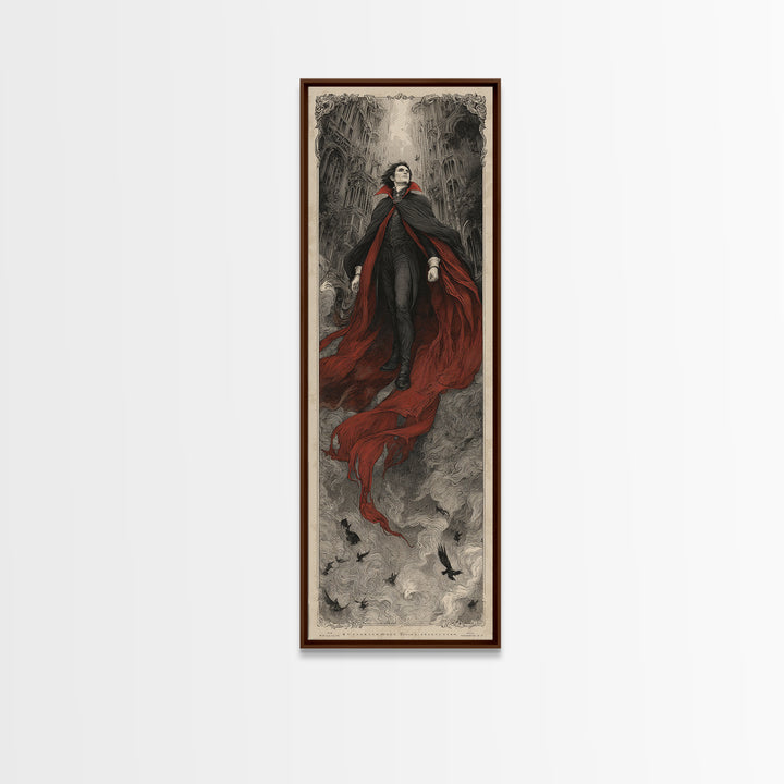The Crimson Vampire, Gothic Engraving Art, Tall Narrow Wall Art, Dark Halloween Decor, Framed Canvas Print, Halloween Wall Art
