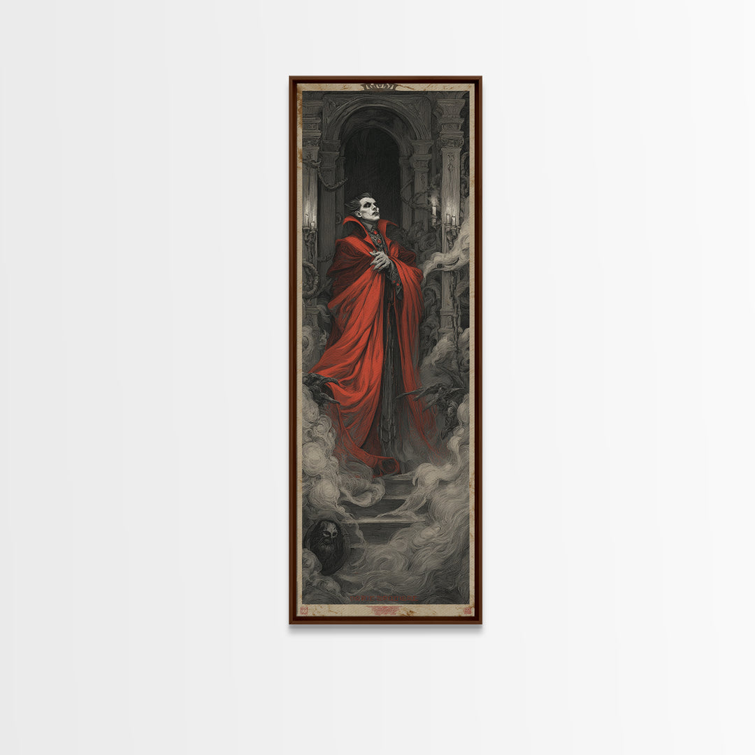 The Crimson Vampire, Architectural Etching Art, Tall Narrow Wall Art, Dark Fantasy Wall Art, Canvas Print, Halloween Wall Art