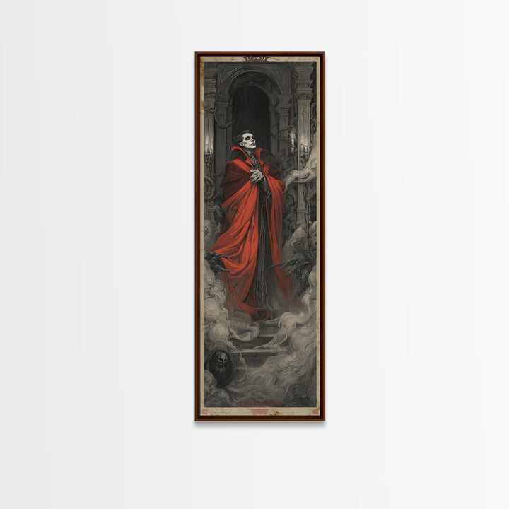 The Crimson Vampire, Architectural Etching Art, Tall Narrow Wall Art, Dark Fantasy Wall Art, Canvas Print, Halloween Wall Art