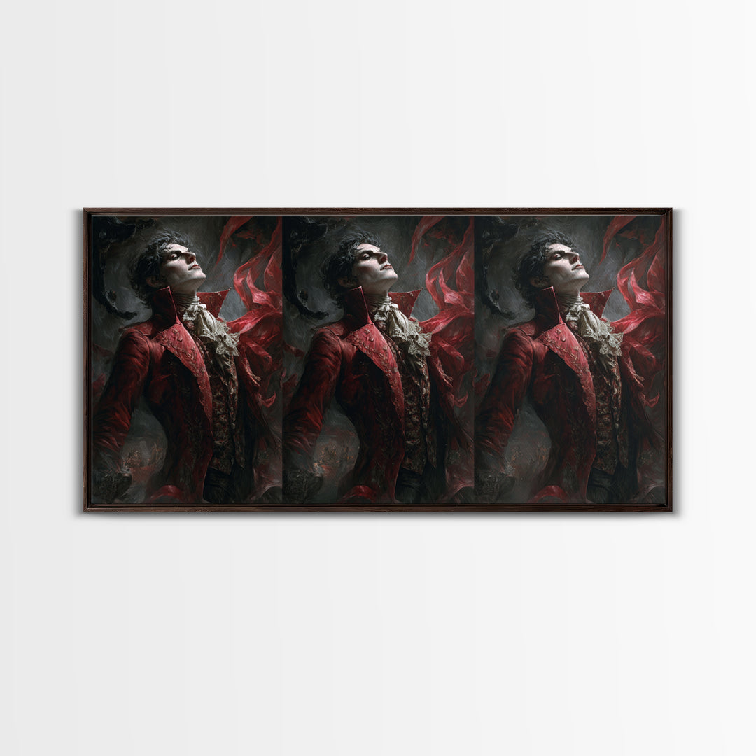 The Crimson Vampire, Apocalyptic Romantic Art, Wide Panoramic Art, Dark Halloween Decor, Framed Canvas Print, Halloween Wall Art