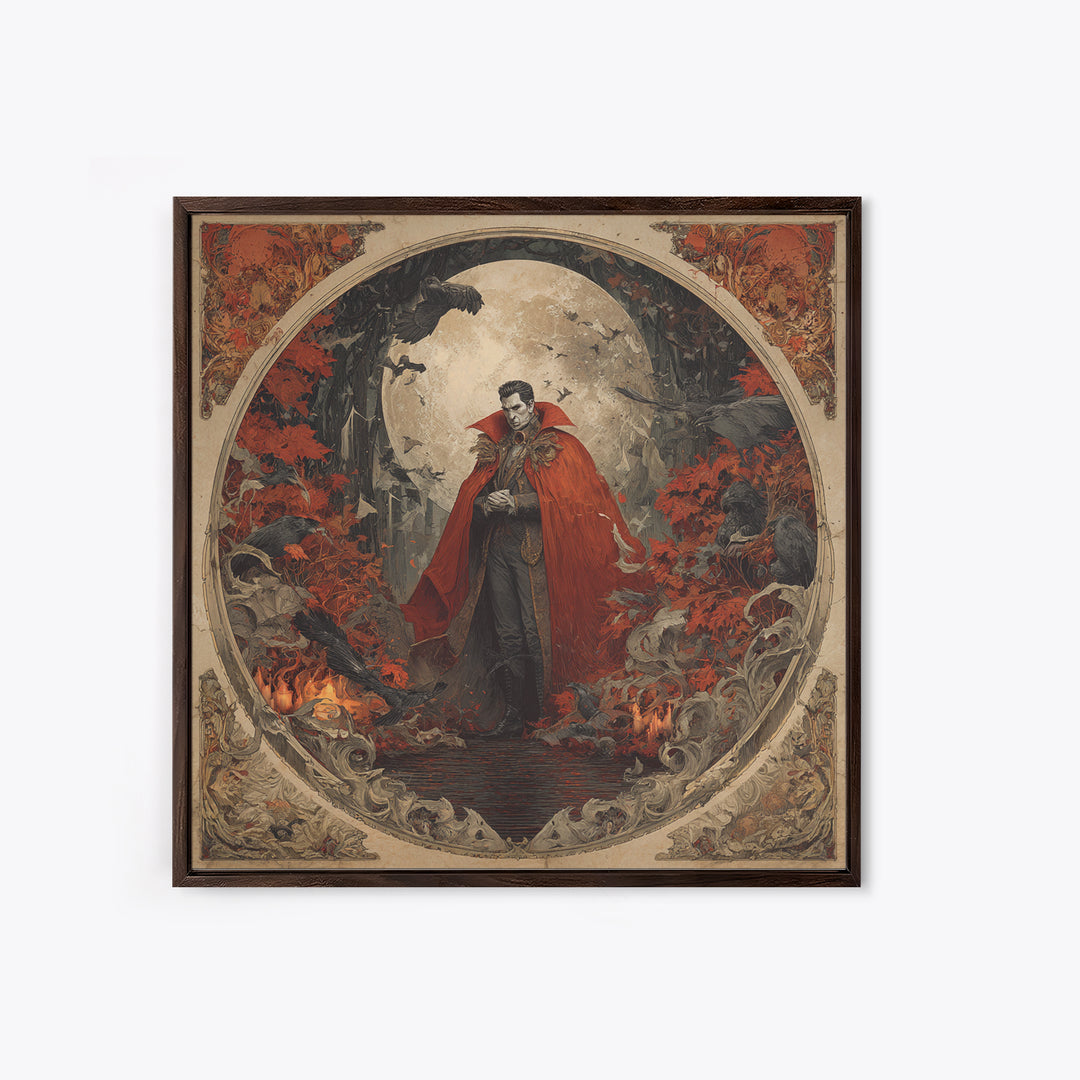 The Crimson Vampire, Symbolist Gothic Landscape, Square Wall Art, Dark Halloween Decor, Framed Canvas Print, Halloween Wall Art