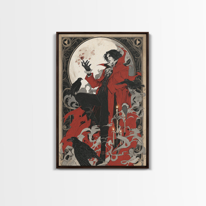 The Crimson Vampire, Decadent Line Art, Vertical Wall Art, Dark Fantasy Wall Art, Framed Canvas Print, Halloween Wall Art