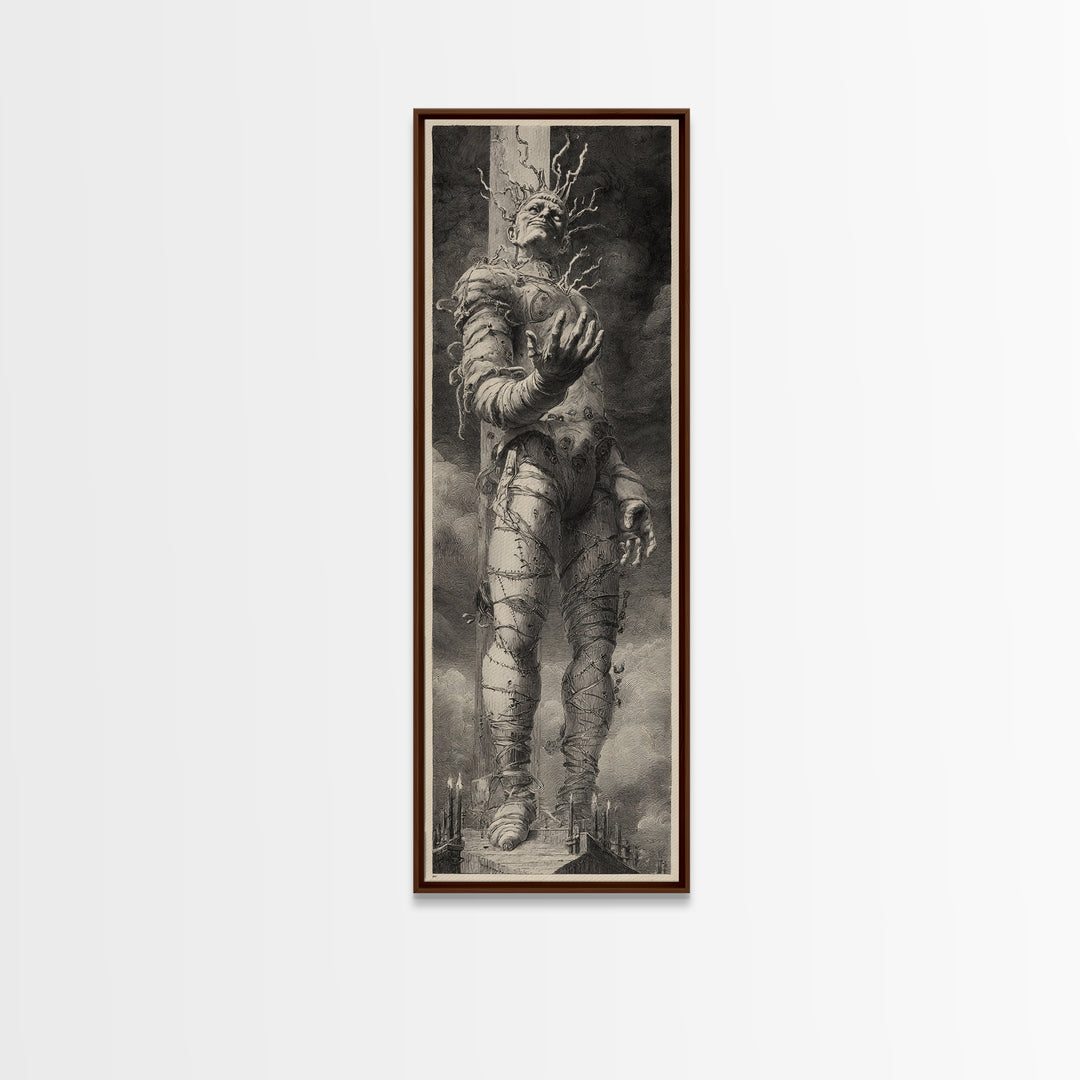 The Stitched Giant, Architectural Etching Art, Tall Narrow Wall Art, Dark Fantasy Wall Art, Framed Canvas Print