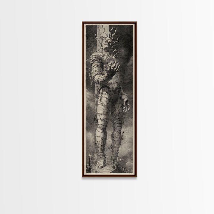 The Stitched Giant, Architectural Etching Art, Tall Narrow Wall Art, Dark Fantasy Wall Art, Framed Canvas Print